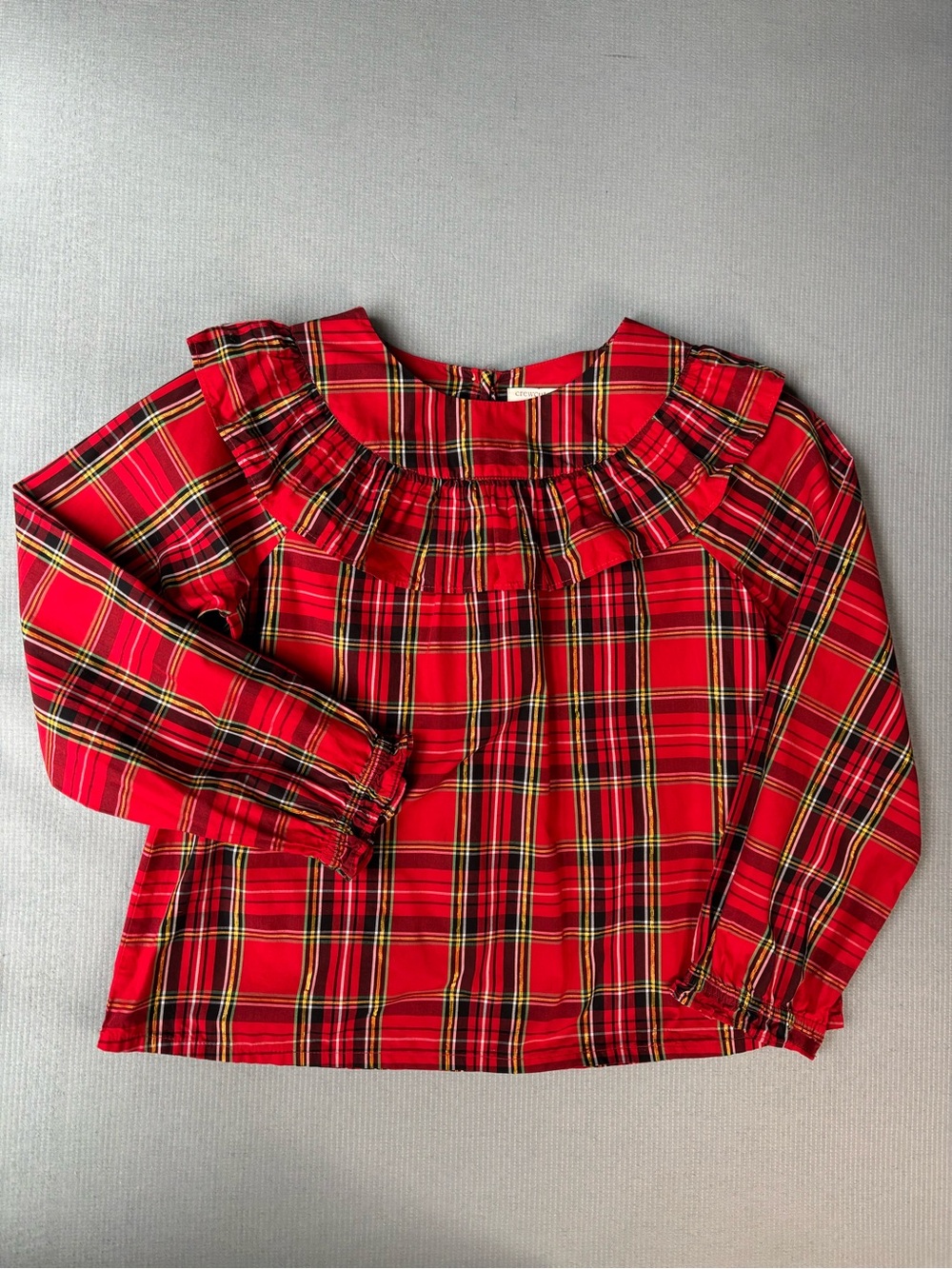 crewcuts J. Crew Tartan Plaid Ruffle Poplin Top Red Holiday Blouse Girls Size L